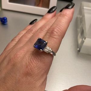 Blue glass cocktail ring with baguette diamonds